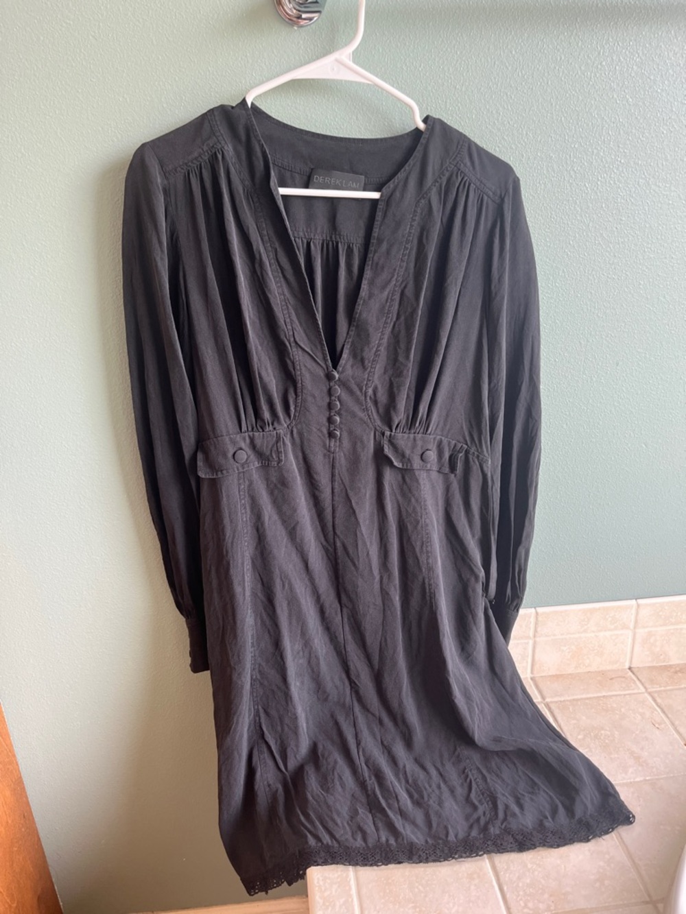 Derek Lam Black V-Neck Button-Front Long Sleeve Silk Dress Made in Italy